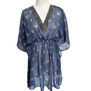Highness Sheer Navy Floral Beaded Swim Cover Up One Size Beach Tunic resort